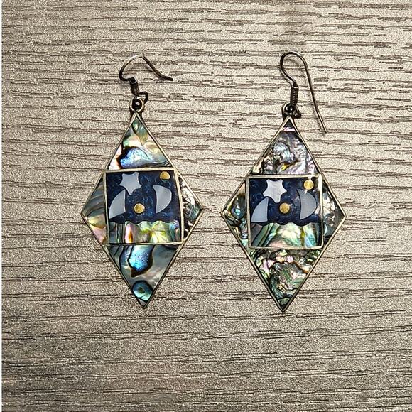 Vintage Alpaca Silver & Abalone Celestial Dangle Earrings with Moon and Stars - Picture 6 of 6